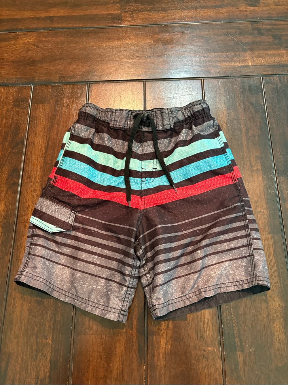 Y2K Skater Style Striped Polyester Board Shorts with horizontal stripes, Youth S